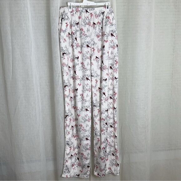 Adonna MT White Red Gray Winter Bird Print Fleece Long Sleeve Top Pants PJ Set - Picture 5 of 10